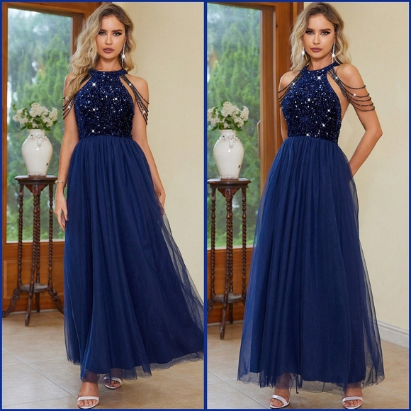 Lovely Rosetta Dresses & Skirts - Navy Backless Halter Neck Sleeveless Dress